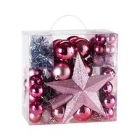 Kerstboomballen kunststof kleur Roze set van 77 stuks