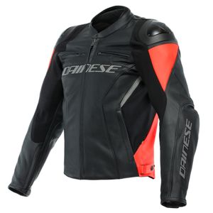 DAINESE Racing 4, Leren motorjas, Zwart-Fluo Rood