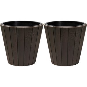 Plantenpot/bloempot Wood Style - 2x - buiten/binnen - kunststof - donkerbruin - D49 x H45 cm