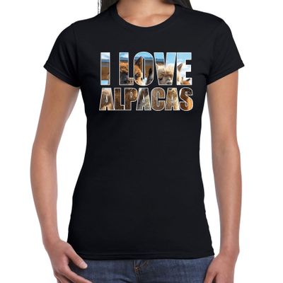 Tekst t-shirt I love alpacas met dieren foto van een alpaca zwart voor dames Tekst t-shirt I love alpacas met dieren foto van een alpaca zwart voor dames
