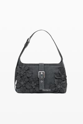 Middelgrote tas met bloemenapplicaties - BLACK - U