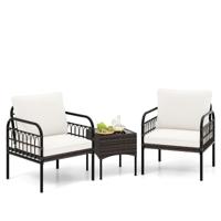 3-Delige Rieten Meubelset Buitenmeubelset Gestoffeerde Stoelen Salontafel van Gehard Glas Moderne Rotan Fauteuils voor Terras Tuin