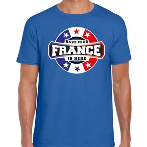 Have fear France is here t-shirt voor Frankrijk supporters blauw voor heren