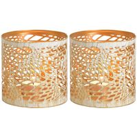 2x Theelichthouders/waxinelichthouders windlichten metaal wit/goud abstract vleugel patroon 11 cm