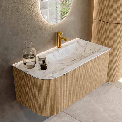 Badmeubel Mondiaz Kurve-Dlux | 95 cm | Meubelkleur Oak | Wastafelkleur Glace | Solid surface | Rechts spoelbak | 1 kraangat