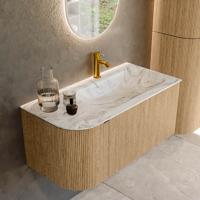 Badmeubel Mondiaz Kurve-Dlux | 95 cm | Meubelkleur Oak | Wastafelkleur Glace | Solid surface | Rechts spoelbak | 1 kraangat