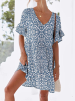 Women's Short Sleeve Summer Blue Floral Sundress V Neck Ruffled Sleeves Daily Casual Short Dress - thumbnail