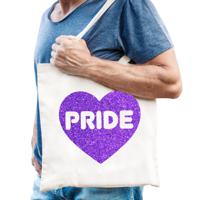Gay Pride tas voor heren - wit - katoen - 42 x 38 cm - paars glitter hart - LHBTI - thumbnail