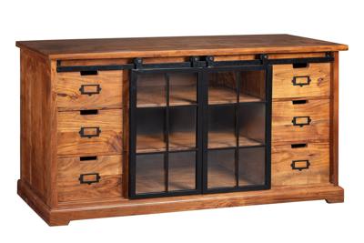 Vitrinekast HERITAGE 150cm zwart metalen schuifdeuren acaciahout bruin - 44049