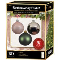 Zilveren/donkergroen/lichtroze kerstballen pakket 91-delig voor 150 cm boom   - - thumbnail