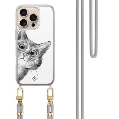 iPhone 16 Pro Max hoesje met grijs koord - Peekaboo kat