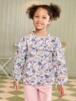 Meisjesblouse met ruches met bloemenprint wit, bedrukt