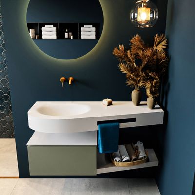 MONDIAZ RIVA 120cm badmeubel onderkast / planchet kleur Army met 1 lade. Wastafel DULCET links 0 kraangaten kleur Talc. MONDIAZ RIVA 120cm badmeubel onderkast / planchet kleur Army met 1 lade. Wastafel DULCET links 0 kraangaten kleur Talc.