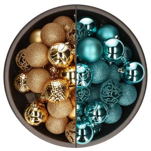 74x stuks kunststof kerstballen mix van turquoise blauw en goud 6 cm - Kerstbal