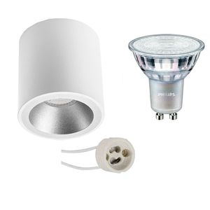 Opbouwspot Set - Pragmi Cliron Pro - GU10 Fitting - Opbouw Rond - Mat Wit/Zilver - Verdiept - Ø90mm - Philips - MASTER 927 36D VLE - 4.9W - Warm Wit 2200K-2700K - DimTone Dimbaar