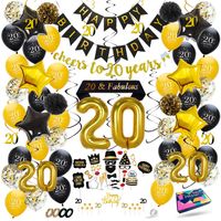 Fissaly® 20 Jaar Verjaardag Decoratie Versiering - Ballonnen – Jubileum Man & Vrouw - Zwart en Goud - thumbnail