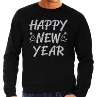 Oud en Nieuw trui / sweater happy new year zilver op zwart heren - thumbnail