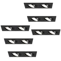 Set van 6 Mallorca LED inbouwspot - IP20 - Kantelbaar - 8 Watt 690 Lumen - 6500K Daglicht wit - Dubbel - GU10 - Dimbaar - Rechthoek - Voor binnen - Zwart