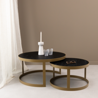 Salontafelset 'Saar' rond 80 en 60cm, kleur goud / zwart eiken