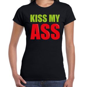 Kiss my ass fun tekst t-shirt zwart dames