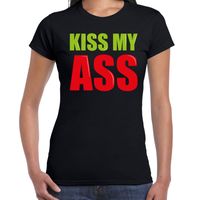 Kiss my ass fun tekst t-shirt zwart dames - thumbnail