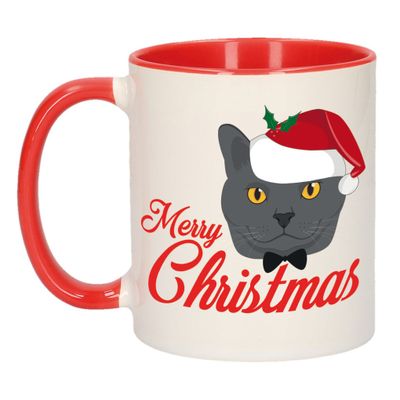 Merry Christmas kerstcadeau kerstmok rood met grijze kat 300 ml