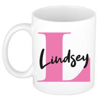 Naam mok Lindsey - roze - wit - keramiek - 300 ml - verjaardag/cadeau beker