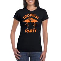 Tropical party T-shirt voor dames - met glitters - zwart/oranje - carnaval/themafeest - thumbnail