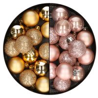 28x stuks kleine kunststof kerstballen zachtroze en goud 3 cm - thumbnail