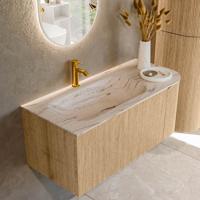 Badmeubel Mondiaz Kurve-Dlux | 105 cm | Meubelkleur Oak | Wastafelkleur Nata | Solid surface | Wasbak linker zijde spoelbak | 1 kraangat