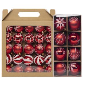 Kerstballen - 33x st - rood - met wit gedecoreerd - 6 en 8 cm - kunststof