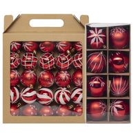 Kerstballen - 33x st - rood - met wit gedecoreerd - 6 en 8 cm - kunststof - thumbnail