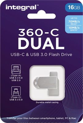 Integral 16GB 360-C Dual USB-C & USB 3.0 USB flash drive USB Type-A / USB Type-C 3.2 Gen 1 (3.1 Gen 1) Zilver