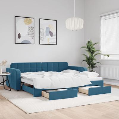 Slaapbank met onderschuifbed en lades 90x200 cm fluweel blauw
