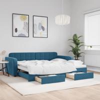 Slaapbank met onderschuifbed en lades 90x200 cm fluweel blauw
