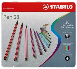 STABILO Pen 68 viltstift, metalen doos van 20 stiften in geassorteerde kleuren