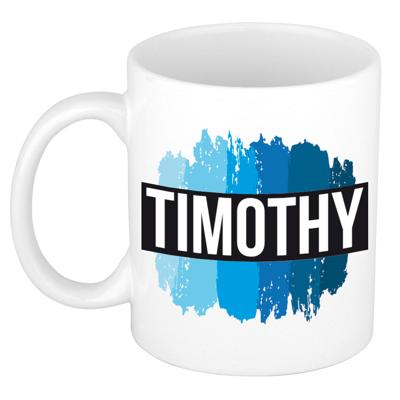 Timothy naam cadeau koffie mok - beker - met blauw verfstrepen - Cadeau collega - vaderdag
