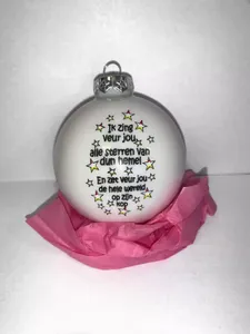 Kerstbal glas 8 cm tekst 'Ik zing veur jou' | Wit