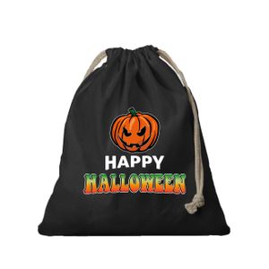 1x Pompoen / happy halloween canvas snoep tasje/ snoepzakje zwart met koord 25 x 30 cm