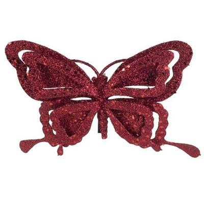Kerstboomversiering - vlinder op clip - bordeaux rood - glitter - kunststof - 14 cm