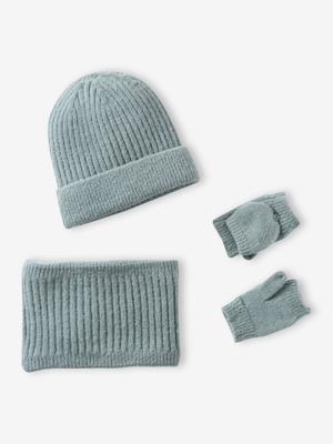 Meisjes set muts + snood + wanten/handschoenen saliegroen