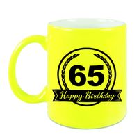Happy Birthday 65 years cadeau mok / beker neon geel met wimpel 330 ml Happy Birthday 65 years cadeau mok / beker neon geel met wimpel 330 ml