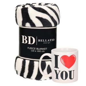 Valentijn cadeau set - Fleece plaid/deken zebra print met I love you mok