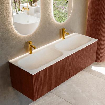 Badmeubel Mondiaz Kurve | 140 cm cm | Meubelkleur Ruby | Wastafelkleur Talc | Solid surface | Wasbak beiden zijden spoelbak | 2 kraangaten