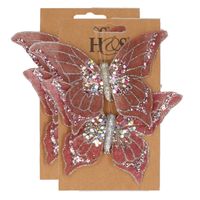 4x stuks kunststof decoratie vlinders op clip roze 10 x 15 cm - Kunstbloemen - thumbnail