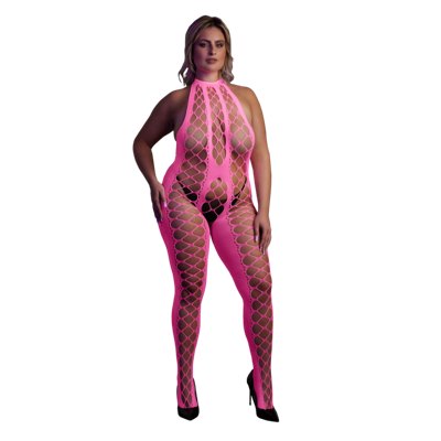 Ouch! by Shots Bodystocking met Halterneck - Plus Size - Neon Roze