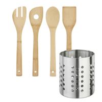 Kinvara Keukengerei - houten spatels set 4-delig - RVS houder - Keuken pollepels/spatel
