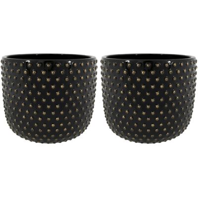 Plantenpot/bloempot Luxery Spike - 2x - keramiek - zwart - Bolletjes motief - D18 x H15 cm
