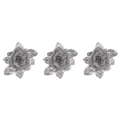 Kerstboomversiering Bloemen - 4x - 10 cm - zilver glitter - op clip - ornament - roos