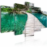 Schilderij - Turquoise Meer, 5luik , groen , wanddecoratie , premium print op canvas